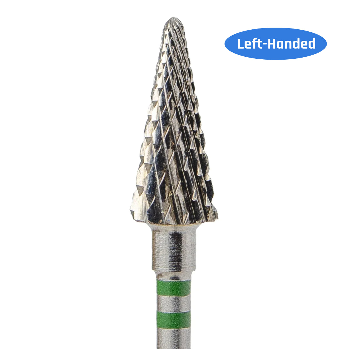 Tungsten carbide nail drill bit with a conical shape and cross cut, designed for left-handed users, with a green band on the shank.