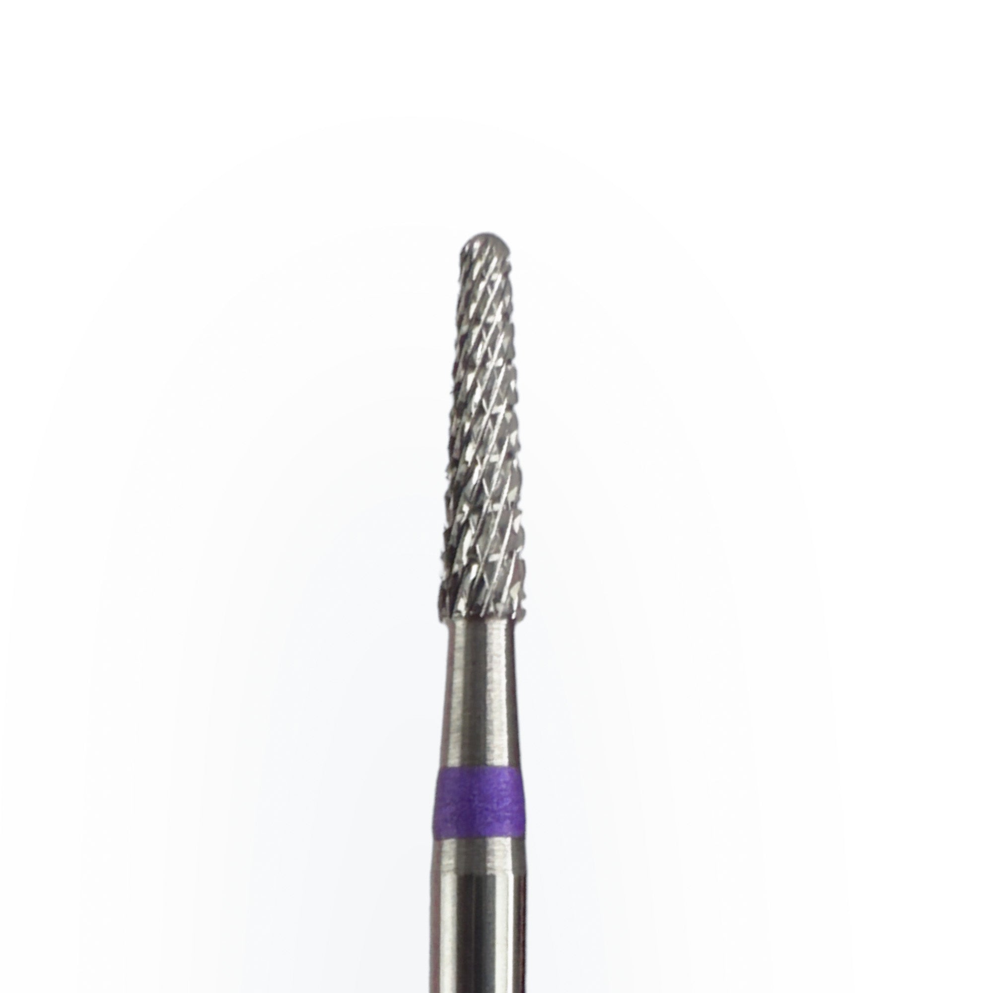 Tungsten carbide nail drill bit with a conical shape and triple cut, featuring a purple band on the shank.